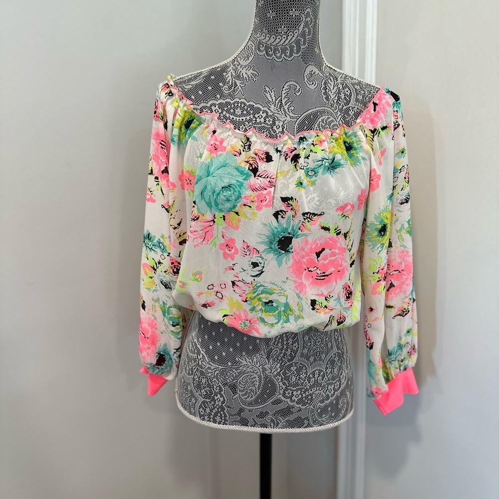 Women’s Sz: M Unique 21 Bright Colorful Floral Off The Shoulder Sheer Blouse.